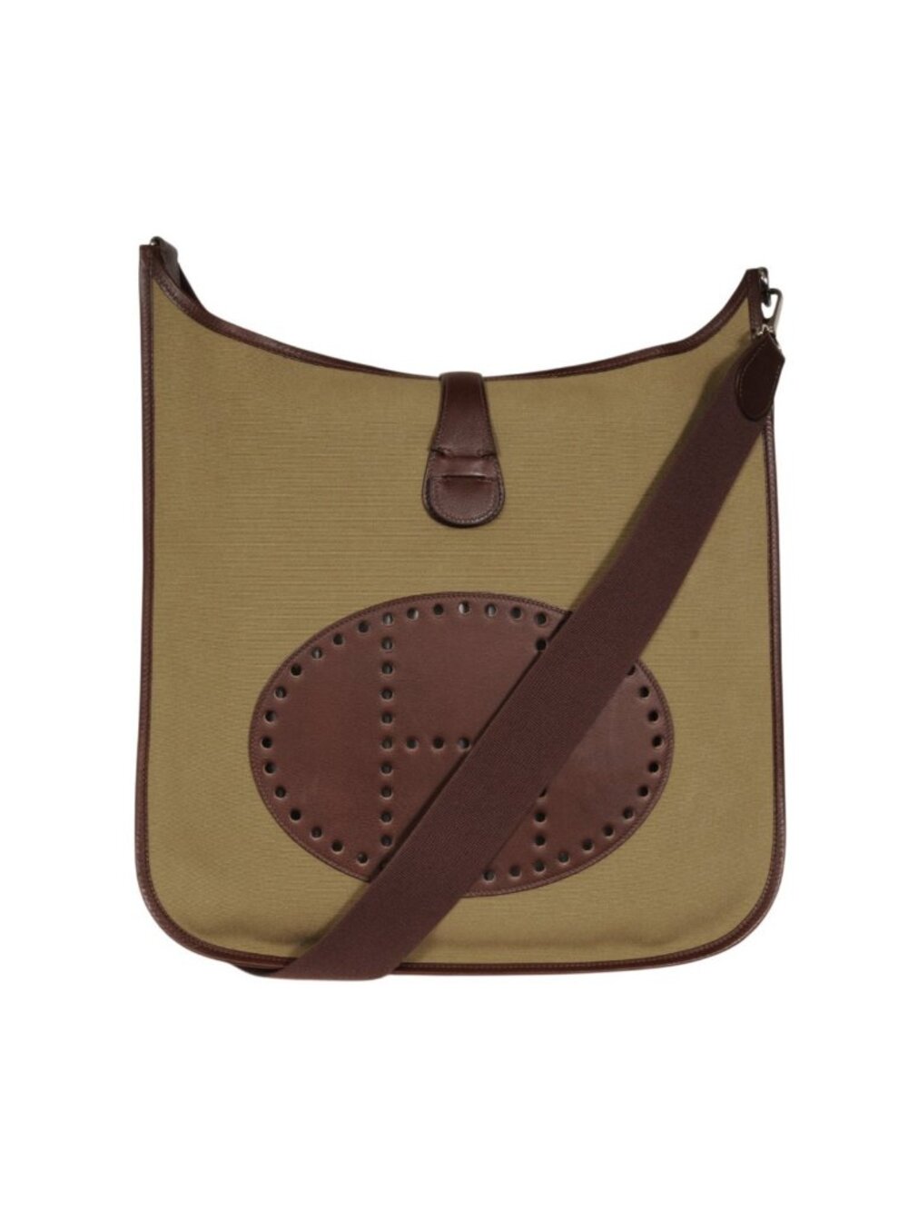Hermes Evelyne II TGM 40 Olive Green Toile Ebene Brown Leather Crossbody Bag